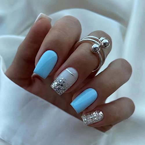 JUSTOTRY 24 Pcs Short False Nails Square,White French Press on Nails Pattern, Pretty Milky Fake Nails Short with Nail Glue, Stick on Nails for Wo