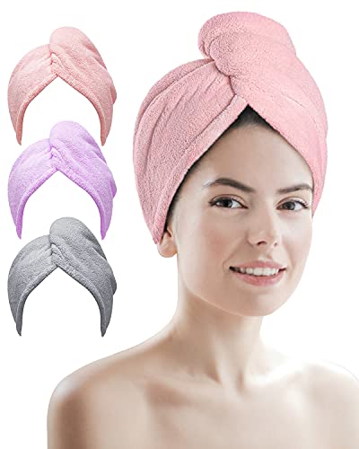Microfibre Hair Towel, 3 Pack Super Absorbent Hair Towel Wrap with Button Design. Extremely Soft Hair Wrap Towel, Traveling, Beach Excursions, Sp
