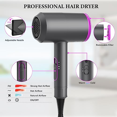 Professional Hair Dryer,JIAABCHOMO 2000W Powerful Ionic Hairdryer with Diffuser Blow Dryer with 2 Speeds, 3 Heating and Cool Button for Women Man