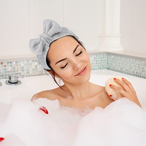 Pinenuts 4 Pack Spa Headband, Makeup Headbands Bowknot Hair Bands with Silicone Facial Cleansing Brush & Face Brush, Coral Fleece Head Wraps for