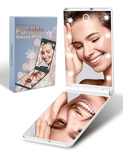 Rantizon Portable Makeup Mirror Dimmable 8 LEDs Lighted Mirror 1X & 2X Magnification Cosmetic Illuminated Handbag Mirror FoldablePocket Mirror Co