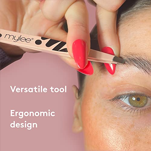 Mylee Professional Slant Tip Tweezer for Facial Hair Removal and Eyebrow Shaping, Precision Stainless Steel Tweezer for Removing Splinters & Ingr