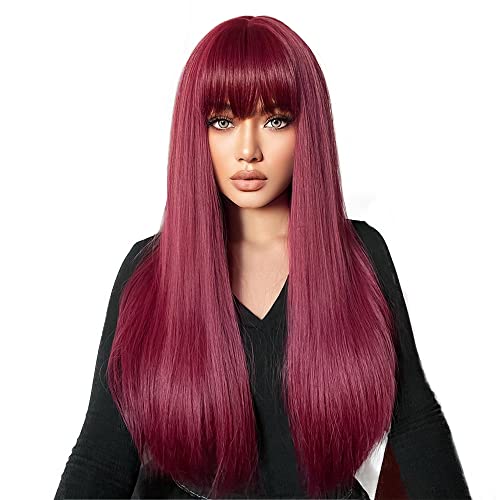 Esmee 24 Inches Long Straight Blonde Wig with Bangs Side Parting Natural Synthetic Hair Ombre Wigs for Women with Dark Roots for Daily Party Cosp