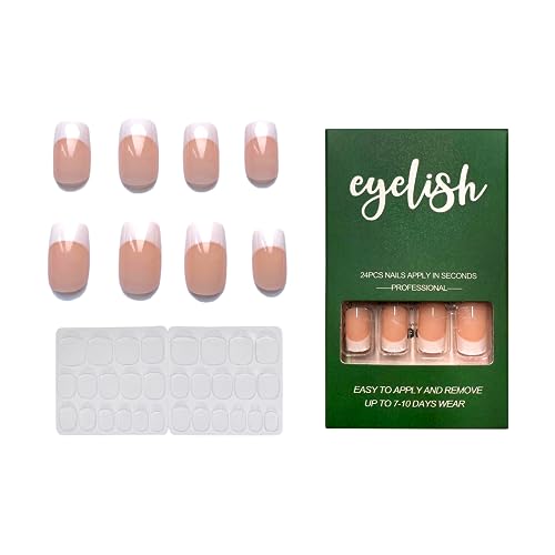 Press on Nails short, 24 Pcs False Nails with Strong Glue, Pretty Milky Fake Nails Short with Nail Glue, Stick on Nails for Women, Eyelish Nails