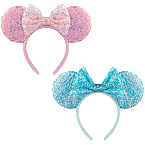 DRESHOW 2 Pack Mouse Ears Bow Headbands Glitter Party Decoration Cosplay Costume for Girls & Women