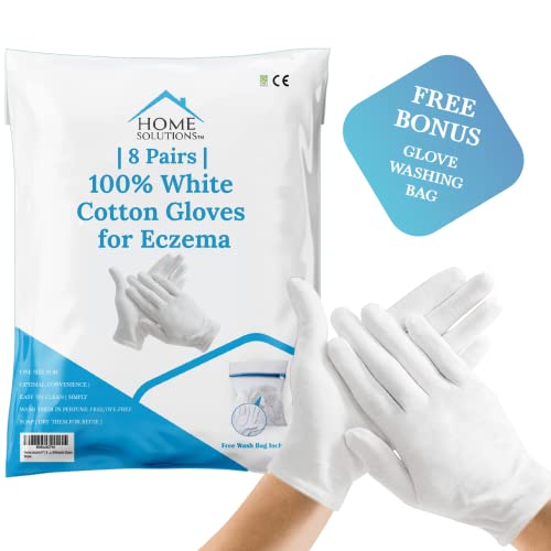 Home Solutions™ White Cotton Gloves for Eczema | 8 Pairs | Free Wash Bag | Hand Moisturising Gloves, White Cotton Gloves for Dry Hands, Eczema Gl