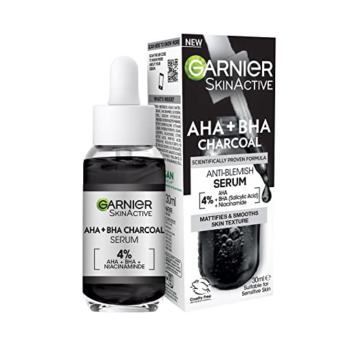 Garnier Skinactive 4% AHA + BHA (Salicylic Acid) & Niacinamide Charcoal Serum, Resurface & Smooth Skin Texture, Improve Appearance Of Marks & Ble