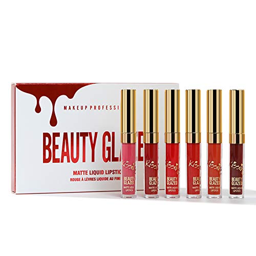 Beauty Glazed NEW Matte Liquid Lipstick Set Light to Deep Red Colors Waterproof Long Lasting Non-Stick Cup Lip Gloss Intense pigments, Cruelty Fr