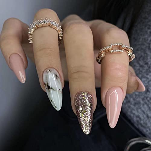 JUSTOTRY 24 Pcs Stiletto False Nails Medium with Jewels,Beige French Press on Nails Pattern,Fake Nails Short with Nail Glue,Almond Stick on Nails