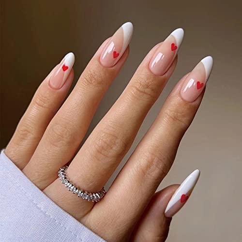 JUSTOTRY 24 Pcs Pale Orange Heart Short False Nails Stiletto,Beige French Press on Nails Pattern,Fake Nails Short with Nail Glue,Almond Medium St
