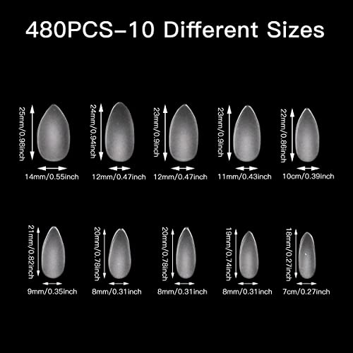 BomnKa 480 Pcs Short Almond Nail Tips, Gel Nail Tips 10 Sizes Clear Soft Nail Tips Fake Nails for Nail Art Salon and Home DIY