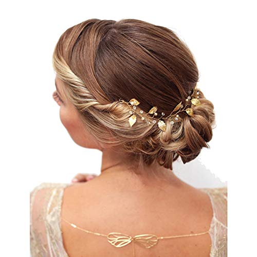 Cathercing Bridal Wedding Headband Hair Vine Headdress Gold Leaf Hair Band Vintage Long Bridal Headband Hair Accessories for Bride Hair Clips for