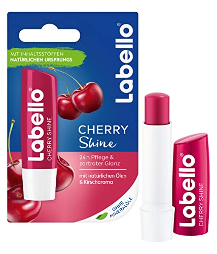 Labello Cherry Shine Lip Balm with Soft Red Shine and Shimmer Pigments and Cherry Flavours, Lip Care without Mineral Oils