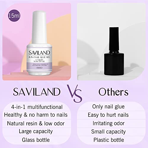 Saviland 4-in-1 Nail Glue Gel - 15ML Gel Nail Glue, Glue Gel for Press on Nails & Fake Nails, Gel Base Strengthen for Nails, Slip Solution for Po