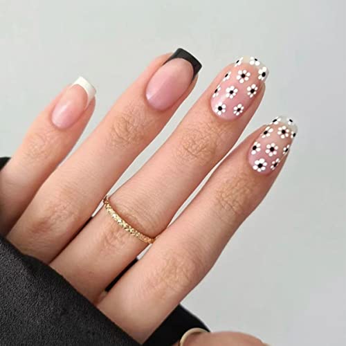JUSTOTRY 24 Pcs Short False Nails Square,White French Press on Nails Pattern, Pretty Milky Fake Nails Short with Nail Glue, Stick on Nails for Wo