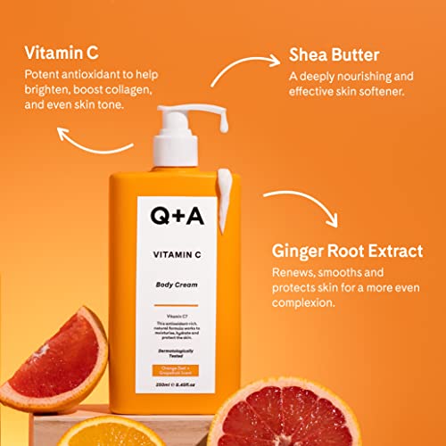 Q+A Vitamin C Body Cream, for hydrating body care with ingredients that promote moisturisation by mirroring the makeup of your skin, brighten ski