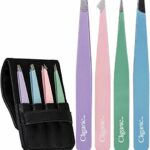 4-Piece Professional Tweezers Set with Case | Stainless Steel | Best Precision for Eyebrow, Splinter & Ingrown Hair Removal | Includes: Slant, Po
