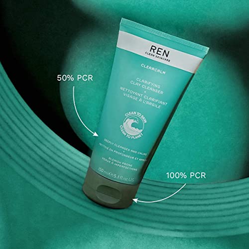 REN Clean Skincare Clearcalm Clarifying Clay Cleanser, Cleanse, Calm and Comfort Breakout-Prone Skin, With Kaolin Clay & Willow Bark, 150 ml