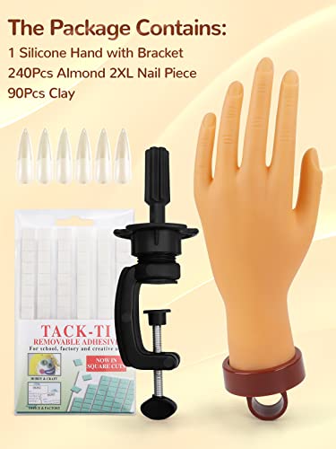 Deciniee Practice Hand for Acrylic Nails, 240 Pcs Nail Tips Flexible Nail Practice Hand, Silicone Nail Hand Practice Model, Fake Hand with Stand