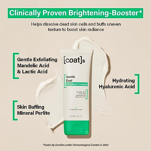 Coats Gentle Dual Exfoliant Cream Face Wash. Mandelic Acid, Lactic Acid + Hyaluronic Acid + Natural Mineral Perlite. Clinically Proven Skin Care,