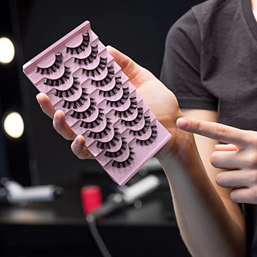 CNMTCCO False Eyelashes 10 Pairs Russian Strip Lashes Natural Fluffy Wispy D Curly Faux Mink Lashes Thick Short Soft Eyes Lash Reusable Fake Eyel