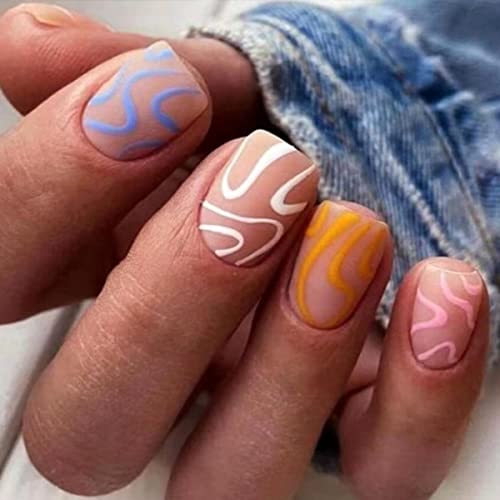 JUSTOTRY 24 Pcs Pastel Square Short False Nails,Multi Colour French Press on Nails Pattern, Cute Fake Nails Medium with Nail Glue,Rainbow Stick o