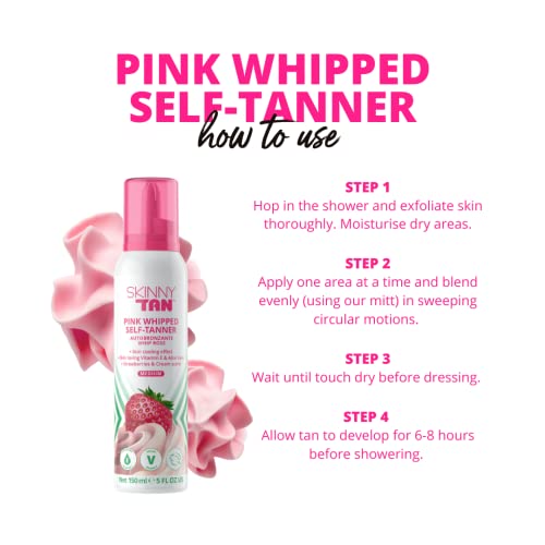 Skinny Tan Pink Whipped Self Tan - Streak Free Gradual Fake Tan Mousse for Natural Glow with Vitamin E, Strawberries & Cream Aroma, Vegan & Cruel