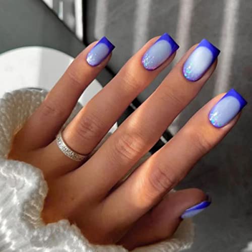 JUSTOTRY 24 Pcs Pastel Square Short False Nails,Multi Colour French Press on Nails Pattern, Cute Fake Nails Medium with Nail Glue,Rainbow Stick o