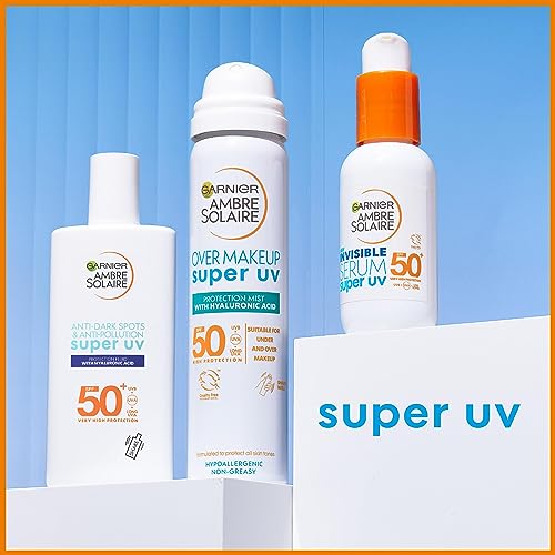 Garnier Ambre Solaire SPF 50+ Super UV Invisible Serum Moisturiser for Face, High Protection Against UVA & UVB, Sun Cream for all Skin Types, Wit