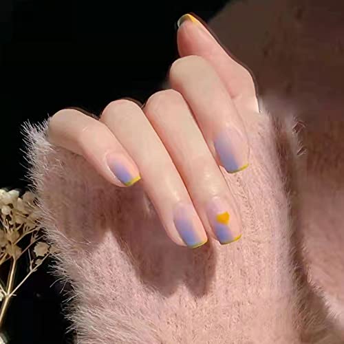 JUSTOTRY 24 Pcs Fake Nails Short, Red and Yellow Swirl Press on Nails with Designs, Glossy Pink French False Nails Short, Stick on Nails for Wome