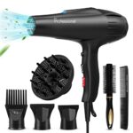 Professional Hair Dryer, JIAABCHOMO 2500W Hairdryer, Fast Dry Ionic Hairdryer with Diffuser, Brush and Nozzle, Hairdryers for Women, 2 Speeds, 3