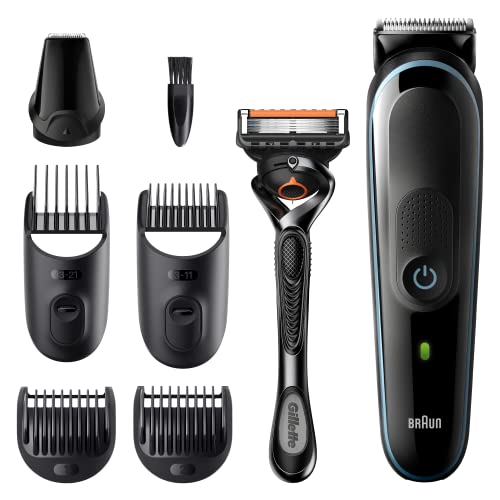 Braun All-in-one Trimmer 3 MGK3245, 7-in-1 Beard Trimmer For Men, Hair Clipper, For Face, Hair, 5 Attachments, Black/Blue, (UK 2pin plug)