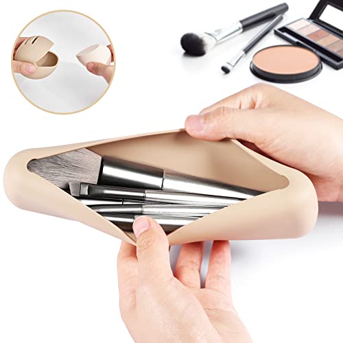 Qetlavee 2pcs Travel Makeup Brush Holder,Portable Makeup Brush Case for Travel,1pcs Makeup Brush Organizer+1pcs Makeup Sponge Holder,Silicone Fou