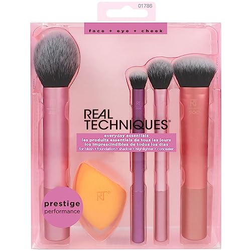 REAL TECHNIQUES,5 Count (Pack of 1) Everyday Essentials Makeup Brush Complete Face Set (Miracle Complexion Sponge, Expert Face, Blush, Setting an