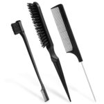 AOOWU Teasing Brush Set, 3 Pcs Slick Back Hair Brush Set, Include Bristle Hair Brush Double Sided Edge Brush Rat Tail Comb, Hair Styling Comb Set
