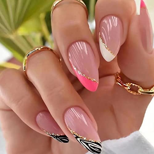 JUSTOTRY 24 Pcs Pink Press on Nails Medium, Dark Blue and White swirl Fake Nails with Designs, French Stick on Nails for Women, Acrylic False Nai