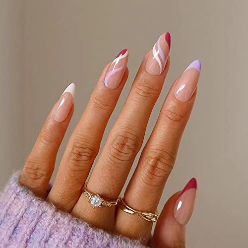 JUSTOTRY 24 Pcs Fake Nails Short, Red and Yellow Swirl Press on Nails with Designs, Glossy Pink French False Nails Short, Stick on Nails for Wome