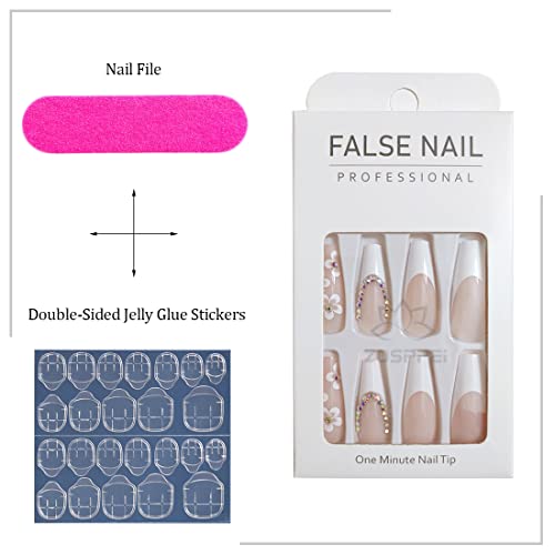 French White Press on Nails - 24 PCS Flower Fake Nails Long Coffin False Nails with Rhinestones Designs Stick on Nails for Women Girls Party Salo