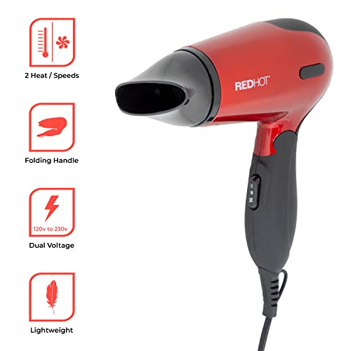 Red Hot 37070 1200W Travel Hair Dryer With Folding Handle / Dual Voltage / 2 Heat Settings / Compact & Lightweight / Red Coloured