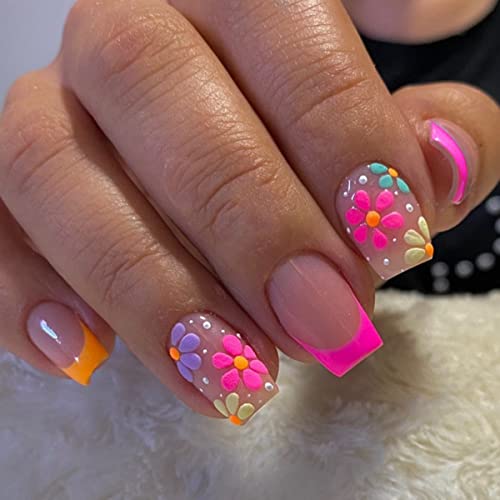 JUSTOTRY 24 Pcs Short False Nails Square,White French Press on Nails Pattern, Pretty Milky Fake Nails Short with Nail Glue, Stick on Nails for Wo