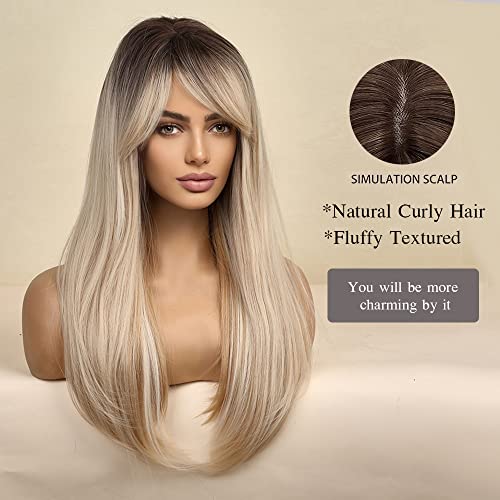 Esmee 24 Inches Long Straight Blonde Wig with Bangs Side Parting Natural Synthetic Hair Ombre Wigs for Women with Dark Roots for Daily Party Cosp