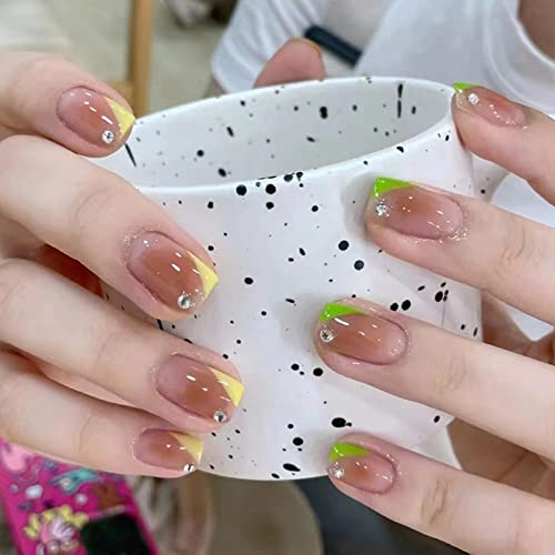 JUSTOTRY 24 Pcs Pastel Square Short False Nails,Multi Colour French Press on Nails Pattern, Cute Fake Nails Medium with Nail Glue,Rainbow Stick o