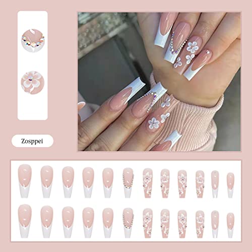 French White Press on Nails - 24 PCS Flower Fake Nails Long Coffin False Nails with Rhinestones Designs Stick on Nails for Women Girls Party Salo