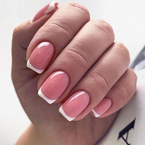 JUSTOTRY 24 Pcs Short False Nails Square,White French Press on Nails Pattern, Pretty Milky Fake Nails Short with Nail Glue, Stick on Nails for Wo