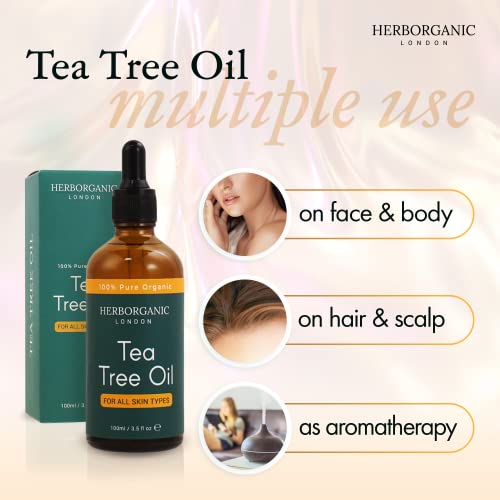 HerbOrganic Anti-bacterial Tea Tree Oil – 100 ml – Organic – Antiseptic – For Acne and Redness of Skin – For Pimples and Nail Fungus – Aromathera