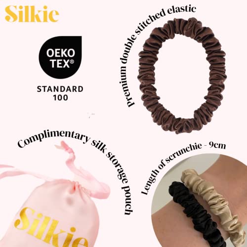 SILKIE x4 Set 100% Pure Mulberry Silk Black Brown Skinny Scrunchies Travel Pouch Everyday Hair Ties Elastics Hair Care Ponytail Holder No Damage