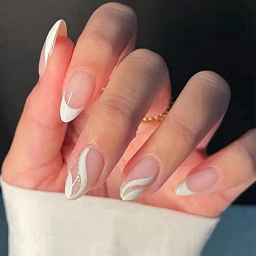 False Nails,Press On Nails,French False Nails,Fake Nails with White Nail Tips Stick On Nails,Short False Nails,Stick on Nails for Woman,French Ma