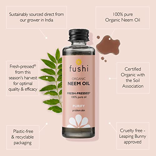 Fushi Organic Neem Oil, Virgin & Fresh-Pressed, Extracted from the Neem Tree, Best for Itchy Scalp, Skin Redness & Irritated Skin, Ethical & Vega