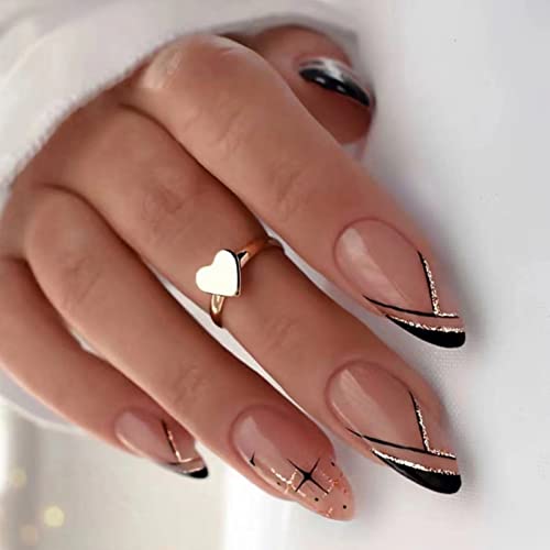 JUSTOTRY 24 Pcs Stiletto False Nails Medium with Jewels,Beige French Press on Nails Pattern,Fake Nails Short with Nail Glue,Almond Stick on Nails
