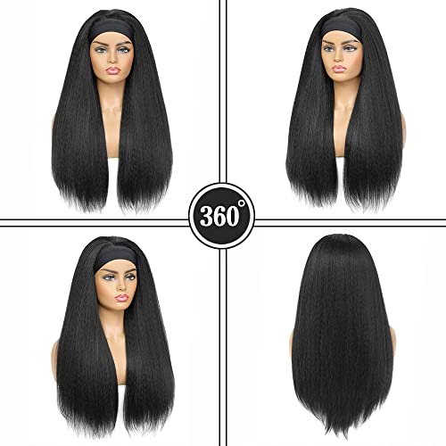 iShine Headband Wigs for Women Long Yaki Straight Headband Wigs for Black Women Afro Kinky Headband Synthetic Wig Glueless Headband Wigs with Bla
